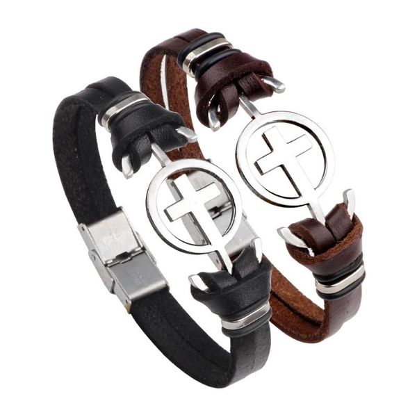 

kiryklevintage cross leather men bracelets for women titanium bracelet male bangle braclet femme pulseiras jewelry, Golden;silver