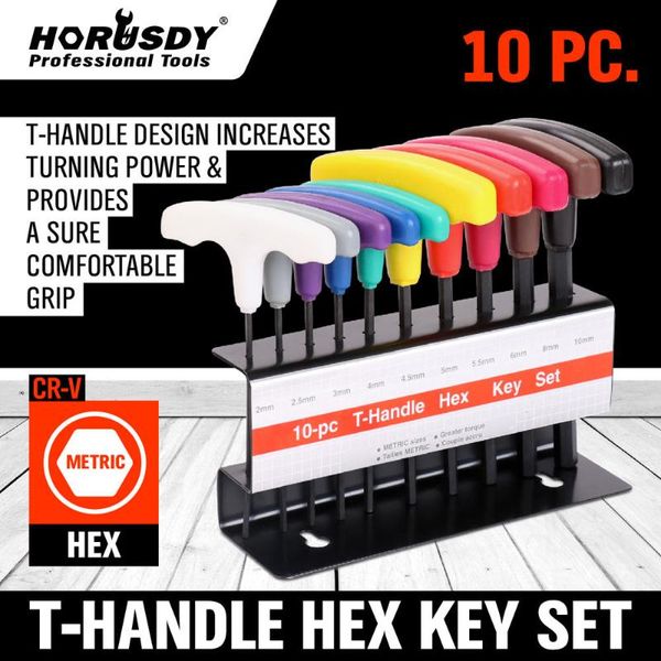 

horusdy 10pcs t handle allen wrench hex key set metric multi-function wrenchs storage stand for car bicycle repair hand tool kit