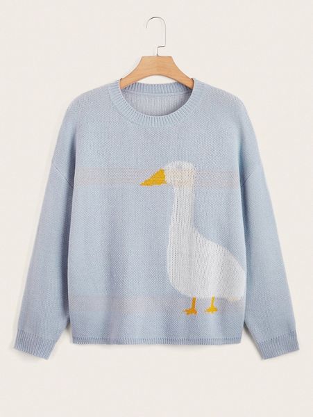 

plus duck pattern drop shoulder sweater 91rj#, Black