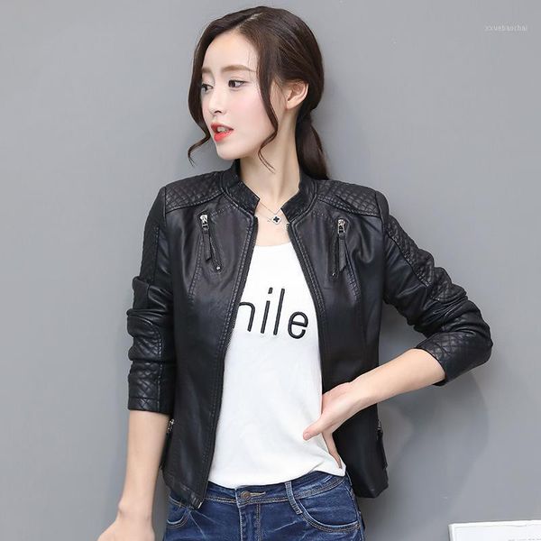 

feierhaosi autumn casual jacket women short motorcycle pu leather jackets lady zipper pockets coat for women clothing 20181, Black