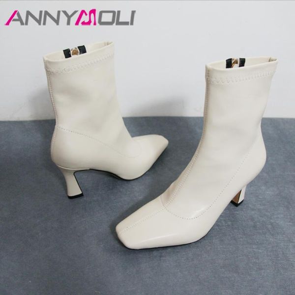 

annymoli ankle boots women shoes square toe stiletto heels short boots zip high heel fashion ladies autumn winter beige 43, Black