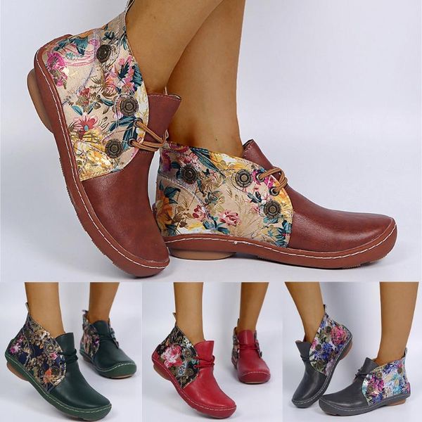 

высокое качество ретро ботинки женщин кожи плоские lace-up цветочный печати короткие пинетки круглый toe обувь женская обувь европейских, Black