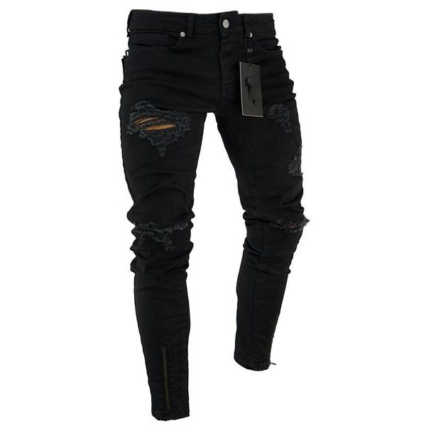 

2020 black stretch skinny fit bottom zipper jeans men knee ripped distressed hole biker jeans pants hip hop street big size xxxl, Blue