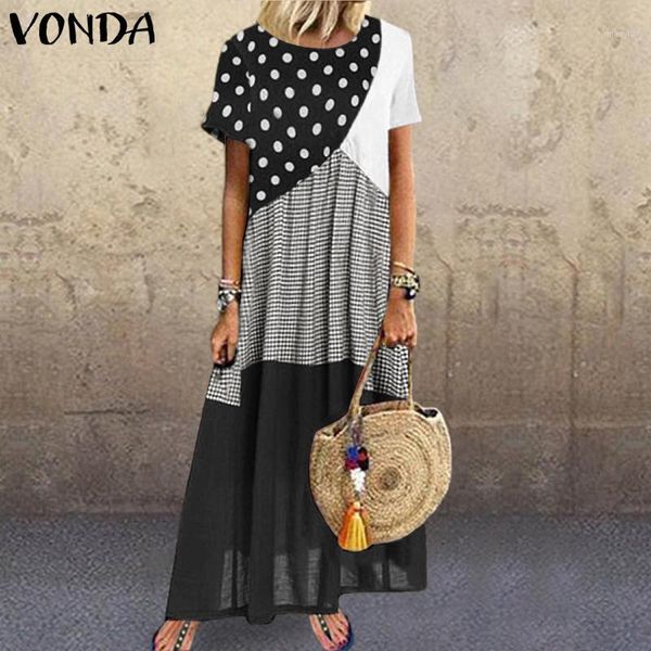 

vonda 2021 summer patchwork dress women casual o neck short sleeve dot printed long maxi dresses elegant bohemian vestidos 5xl1, Black;gray