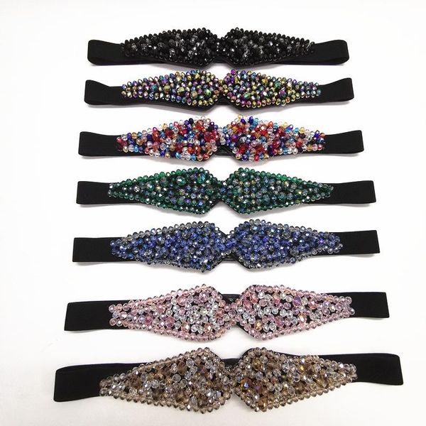 

elling glass rhinestone beaded elastic waist belt for women colorful crystal flowe corset strechy belt ladies dress, Black;brown