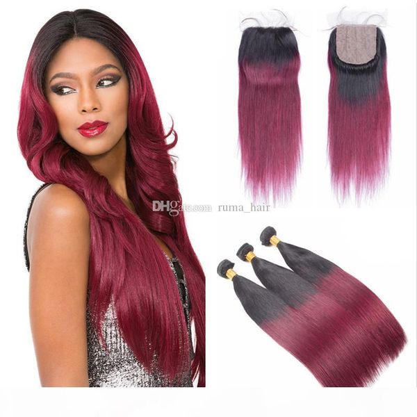 

silk base wine red human hair bundles with lace closure burgundy ombre lace closure with bundles 4*4 slik closure with straight hair, Black;brown