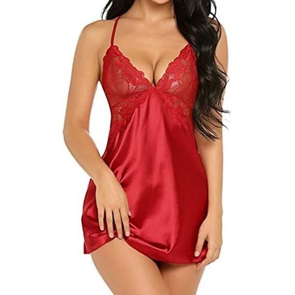 

women's sleepwear lace deep v nightdress women european and american satin lingerie charming multicolor, Black;red