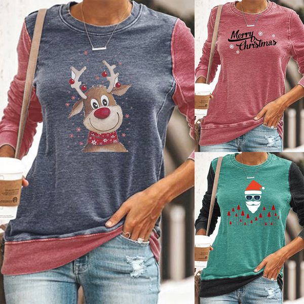 

fashion stitching christmas theme contrast print woman t-shirt casual crew neck long sleeve pullover ladies xmas party sweatshirts, Black