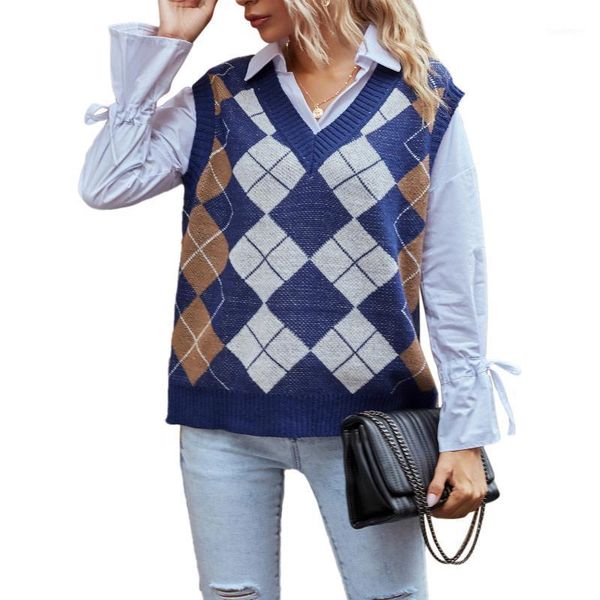 

new soft korean style loose sleeveless tank sweatshirt bluw plaid women sweater vest v-neck vintage knitted pullover vest1, Black;white