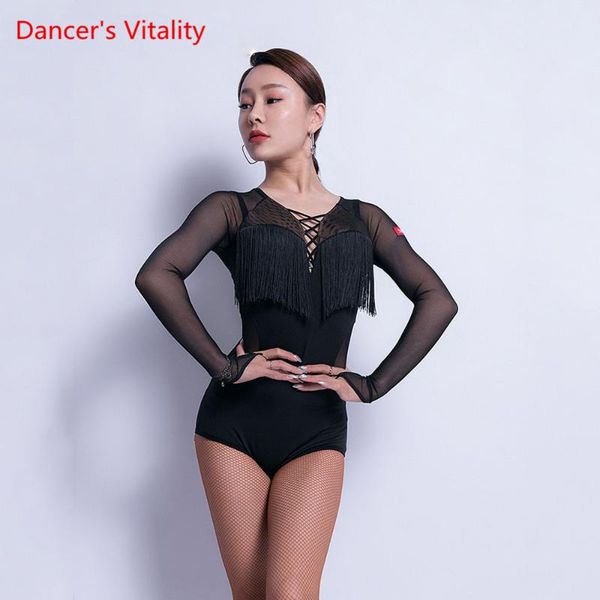

latin dance profession practice clothes female tassels body suit new stage competition performance clothing, Black;red