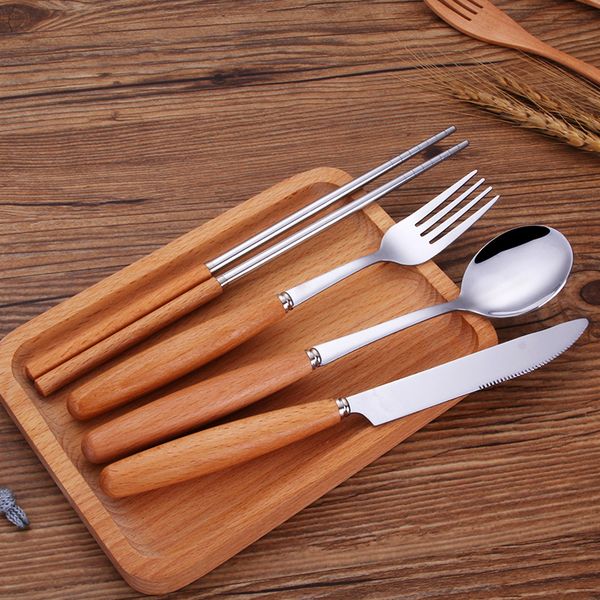 

knife fork spoon chopsticks tableware kits wooden handle stainless steel dinner service household kitchen dinnerware sets portable 11bk j1