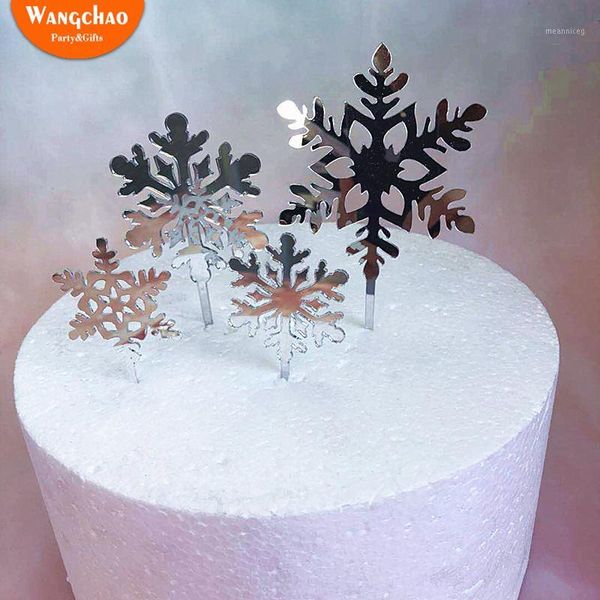 

4pcs/set winter white glitter silver snowflake acrylic christmas cake decoration merry christmas cake er party supplies1