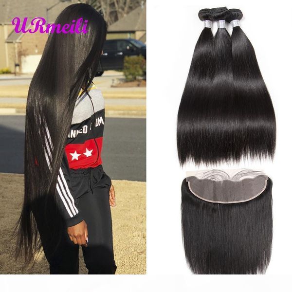 

straight virgin hair bundles with frontal transparent medium brown lace color remy brazilian human hair bundles with frontal, Black;brown