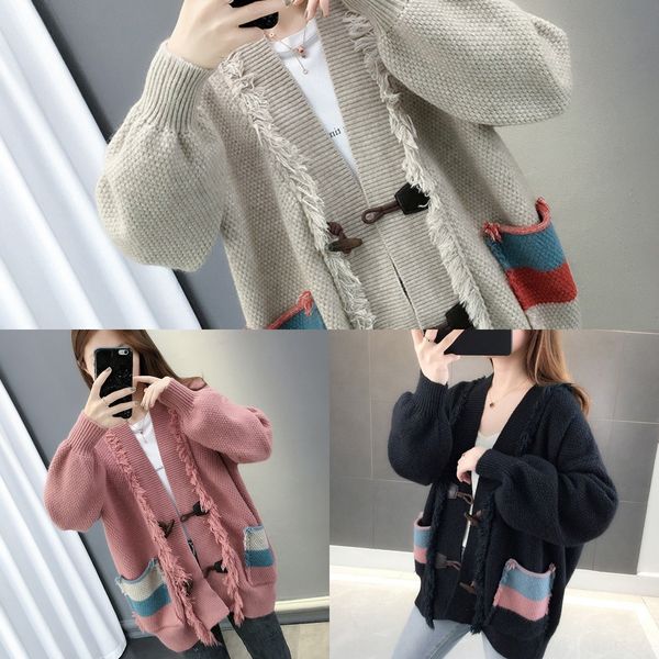 

2020 new coat women's korean version of loose and lazy wind thick wool thickened net coat woolsweater woolred knitted cardigan pocket s, White;black
