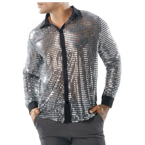 

men sequins casual clubwear shirt long sleeve slim fit nightclub golden dance show 1, White;black