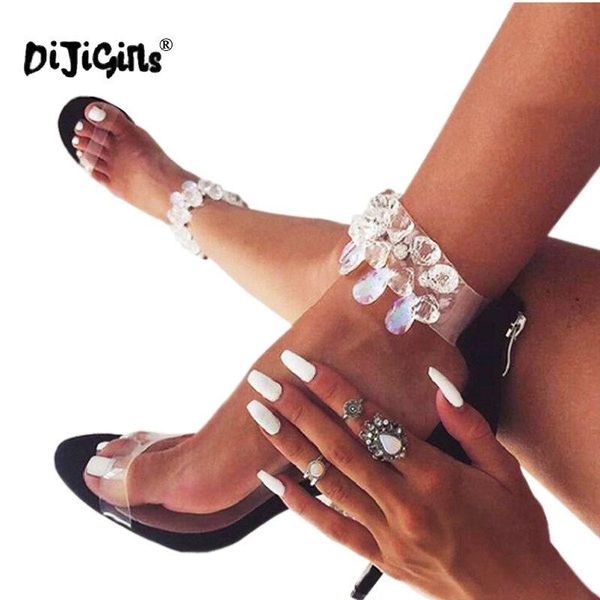 

dijigirls latest design rhinestone pvc transparent stiletto sandals shoes crystal ankle wrap lady high heels shoes, Black
