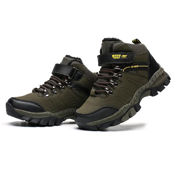 

boots kids winter warm army brand green sport training anti-slip basket boys hiking shoes high sneakers, Black