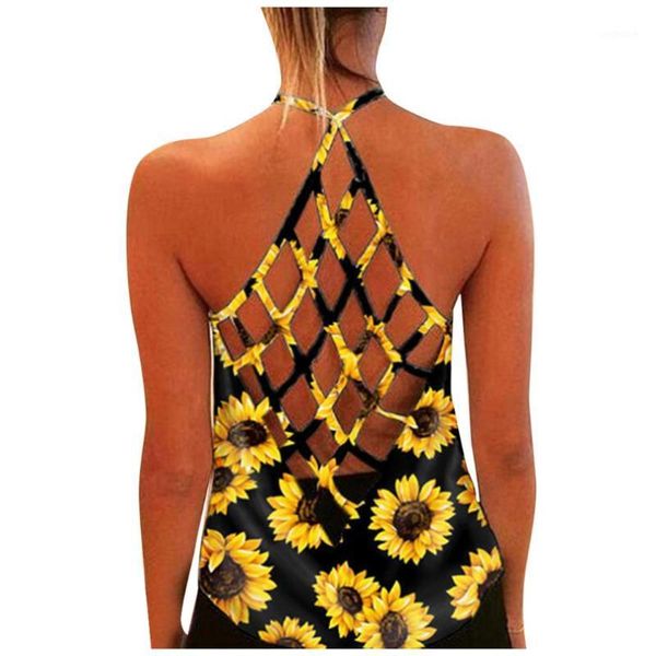

yoga outfits women vest sleeveless sunflower print loose hollow up female beach backless spaghetti straps streetwear1, White;red