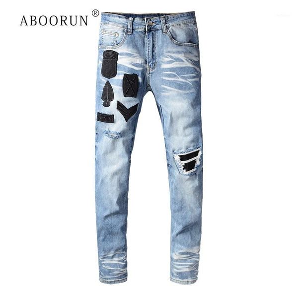 

aboorun men's badges embroidery patchwork jeans blue broken hole beggar jeans1