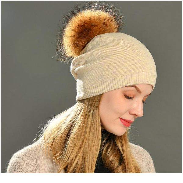 

women beanies raccoon fur pom poms wool hat female knitted 2019 fashion ladies multicolor fur pompon cap winter hats f qylpea