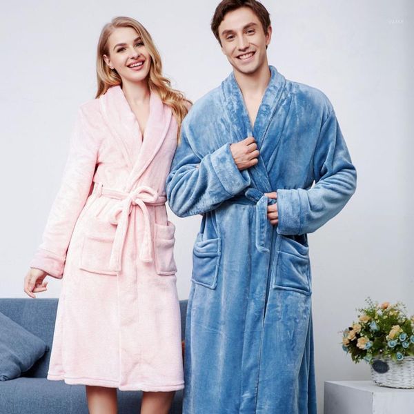 

couple flannel thicken kimono robe gown casual hooded nightgown with pocket bathrobe winter new warm long loose night dress1, Black;brown