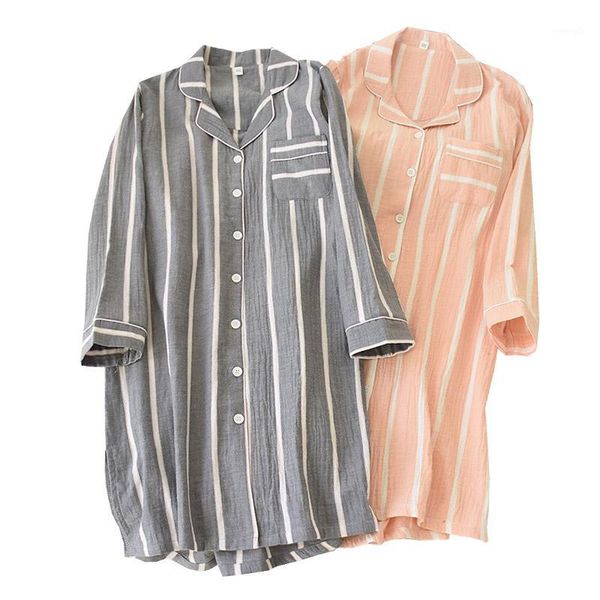 

full cotton women simple style nightgown 2020 spring new ladies striped sleepshirt comfort homewear dress loose large size dress1, Black;red