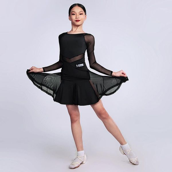 

2020 latin dance competition dress for girls round neck long sleeve dress latin performance clothes kids dance wear dn68431, Black;red