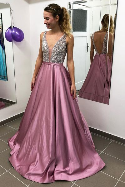 Sexy profundo em forma de v em forma de bordado cheio de bordado com triangular sheer tulle tulle um comprimento de piso de ameixa vestido de noite vestido de festa