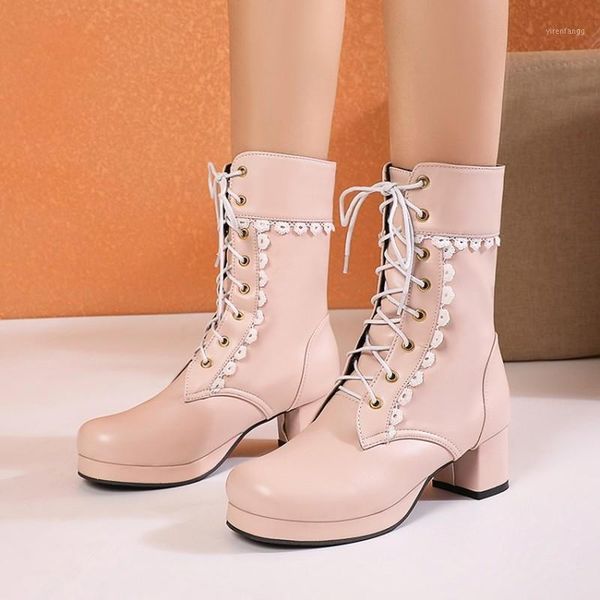 

lolita women boots platform ankle boots women lace-up ruffles med heel shoes woman lovely sweet round toe big size 30-481, Black