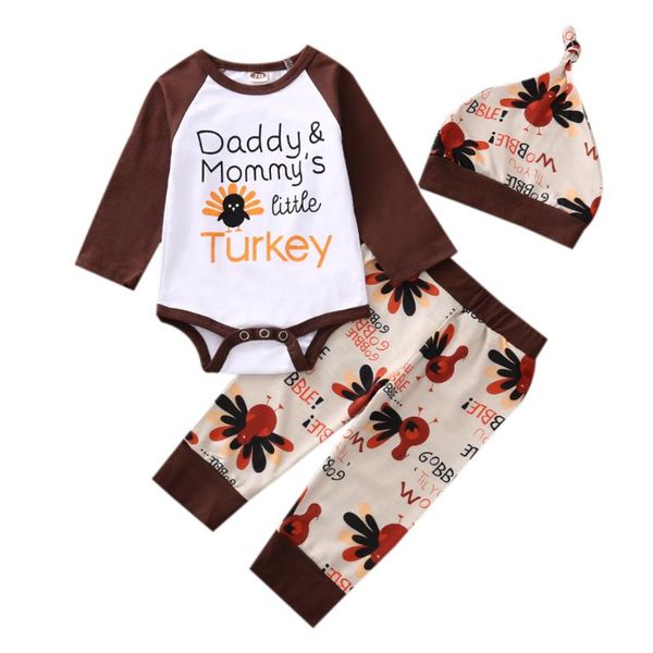 

clothing sets 3pcs set little turkey born baby boy girl long sleeve cotton bodysuit pant hat thanksgiving clothes, White