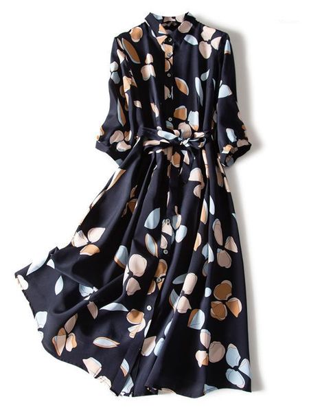 

casual dresses 95% real silk spring vintage dress women clothes elegant maxi 2021 ladies print vestidos a08691, Black;gray