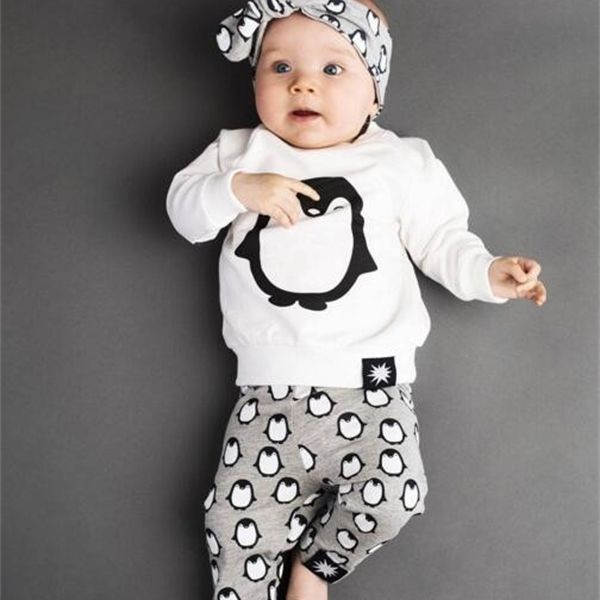 

newborn infant baby clothes outfits 2020 fashion long sleeve penguin t-shirt+pants+headband 3pcs baby boys girls clothing setsq1221, White