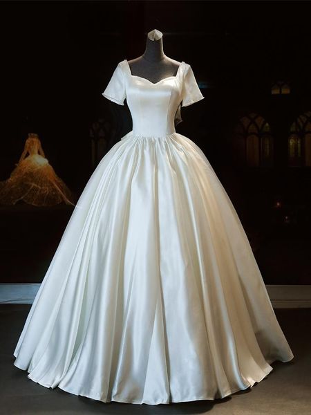 

setwell sweetheart neck ball gown wedding dresses half sleeves beaded pleated satin floor length bridal gowns, White