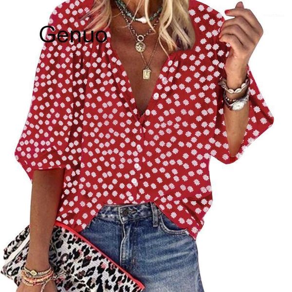 

womens and blouses 2020 new summer floral v-neck long sleeve casual office blouse streetwear plus size women shirts1, White