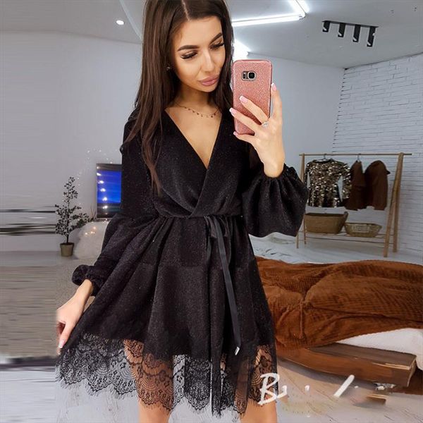 

women sashes lace patchwork a line party dress ladies long sleeve v neck club dress new fashion bright shiny, Black;gray