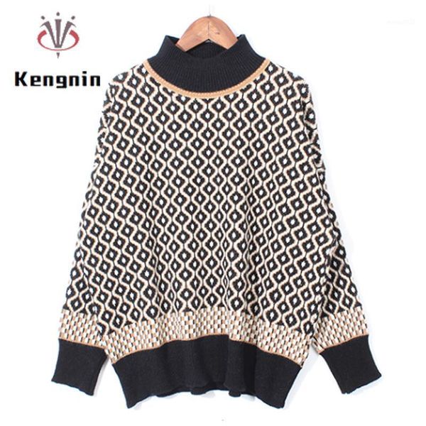 

women's sweaters 2021 winter half turtleneck women's loose argyle thick plaid knitted pullpvers long sleeve jumpers1, White;black