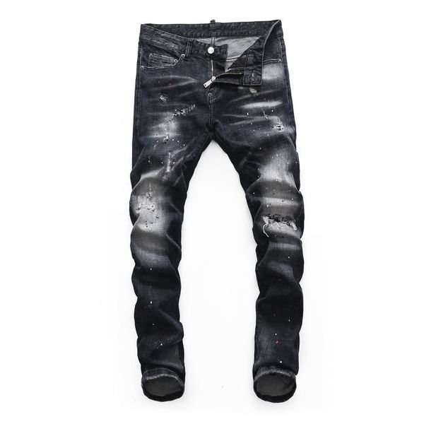 

men's jeans italian vintage fashion men slim fit elastic ripped homme painted designer streetwear punk denim pants, Blue