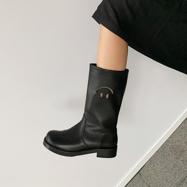 

boots womens black mid-calf leather hollow out smile motorcycle shoes low heels