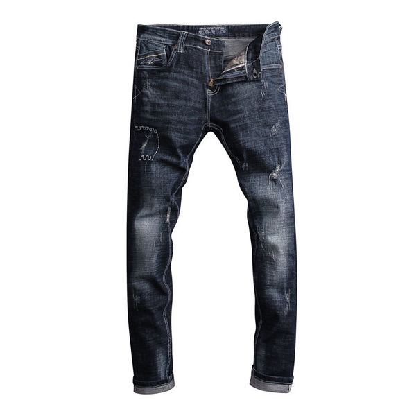 

2021 new italian fashionable male black fine vintage fit designer torn streetwear retro classic jeans a8kc, Blue