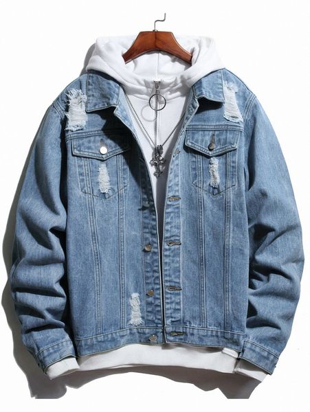 

men ripped denim trucker jacket 43ds#, Blue