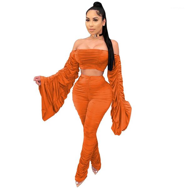 

neck stacked 2pcs set women clothing womens two piece pants fashion casual flare sleeve slash, White