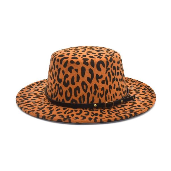 

wide brim hats leopard print flat bowler hat winter autumn wool fedora women british vintage belt jazz p22, Blue;gray