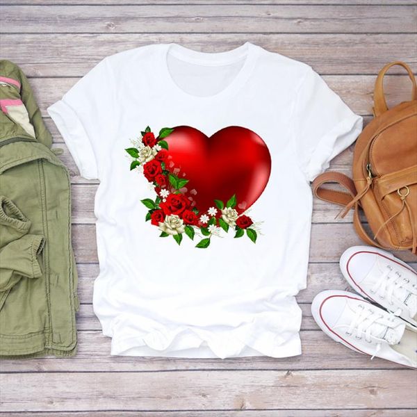 

womens t shirts casual 3d love heat clothing valentine floral short sleeve women print ladies t graphic female tee shirt, White