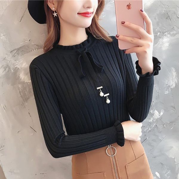 

women's knitted sweater black slim high bow lace up neck knit cute korean sweater slim elasticity new ladies sweaters pull femme1, White;black
