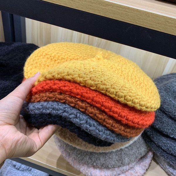 

knitted woollen women's beret korean autumn and winter personality versatile solid color thick striped student bud hat, Blue;gray