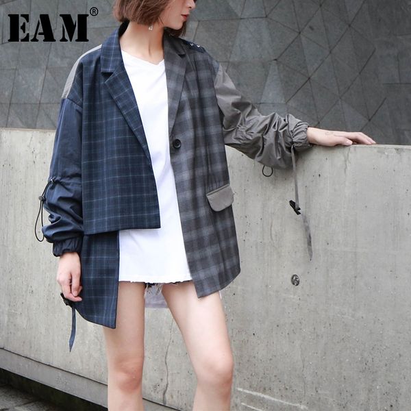 

[eam] 2020 new autumn winter lapel long sleeve blue hit color plaid loose big size irregular jacket women coat fashion jq276 y200101, Black;brown