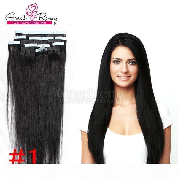 

greatremy pu skin hair weft tape hair extensions brazilian virgin straight tape in human hair extension (9 colors available, Black