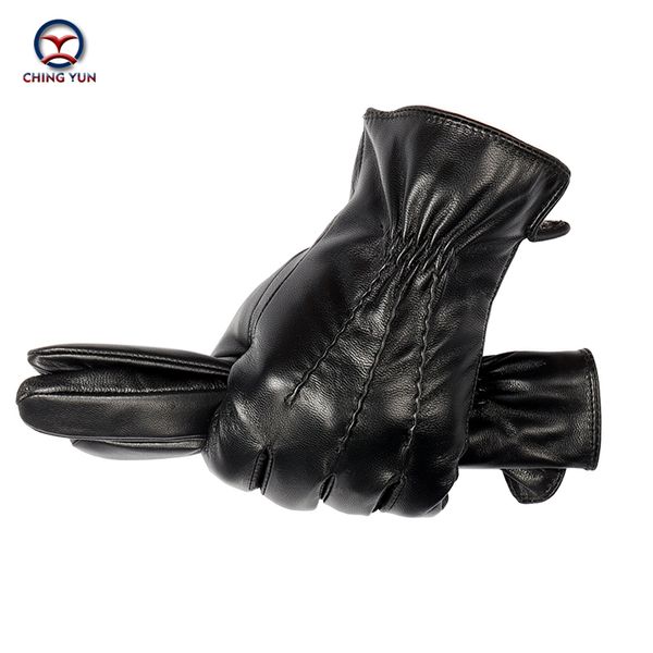 

ching yun new winter man leather gloves sheepskin male warm soft men' black wave pattern mittens flannel lining gloves men 201020, Blue;gray