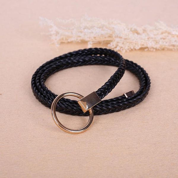 

thin knitted braided weaving leather belt female pure color waist round buckle belts women dress wild small belt strap 6 color, Black;brown