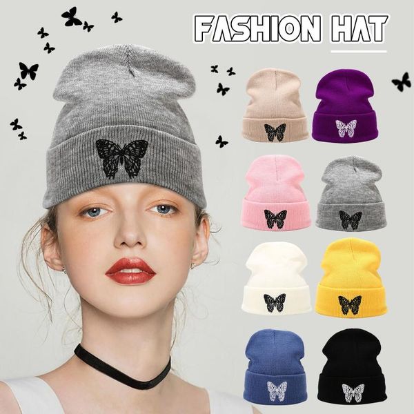 

beanie/skull caps butterfly embroidery knitted hat for women pullover cap winter warm outdoor woolen bonnet en laine pour femme, Blue;gray